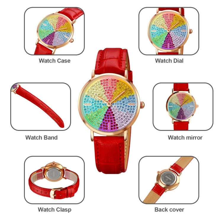 SKMEI 1811 Eight Color Diamond Round Dial Quartz Watch for Ladies(White Leather Belt) - Leather Strap Watches by SKMEI | Online Shopping South Africa | PMC Jewellery | Buy Now Pay Later Mobicred