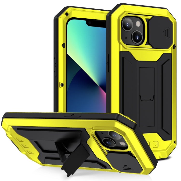 For iPhone 13 mini R-JUST Sliding Camera Shockproof Life Waterproof Dust-proof Metal + Silicone Protective Case with Holder (Yellow) - iPhone 13 mini Cases by R-JUST | Online Shopping South Africa | PMC Jewellery | Buy Now Pay Later Mobicred