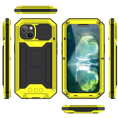 For iPhone 13 mini R-JUST Sliding Camera Shockproof Life Waterproof Dust-proof Metal + Silicone Protective Case with Holder (Yellow) - iPhone 13 mini Cases by R-JUST | Online Shopping South Africa | PMC Jewellery | Buy Now Pay Later Mobicred