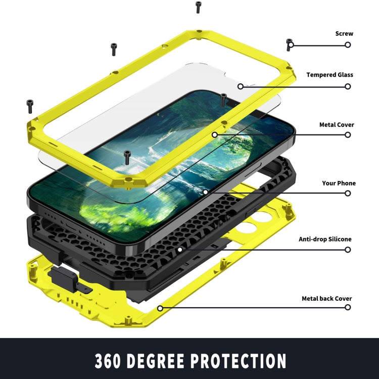 For iPhone 13 mini R-JUST Sliding Camera Shockproof Life Waterproof Dust-proof Metal + Silicone Protective Case with Holder (Yellow) - iPhone 13 mini Cases by R-JUST | Online Shopping South Africa | PMC Jewellery | Buy Now Pay Later Mobicred