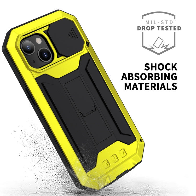 For iPhone 13 mini R-JUST Sliding Camera Shockproof Life Waterproof Dust-proof Metal + Silicone Protective Case with Holder (Yellow) - iPhone 13 mini Cases by R-JUST | Online Shopping South Africa | PMC Jewellery | Buy Now Pay Later Mobicred