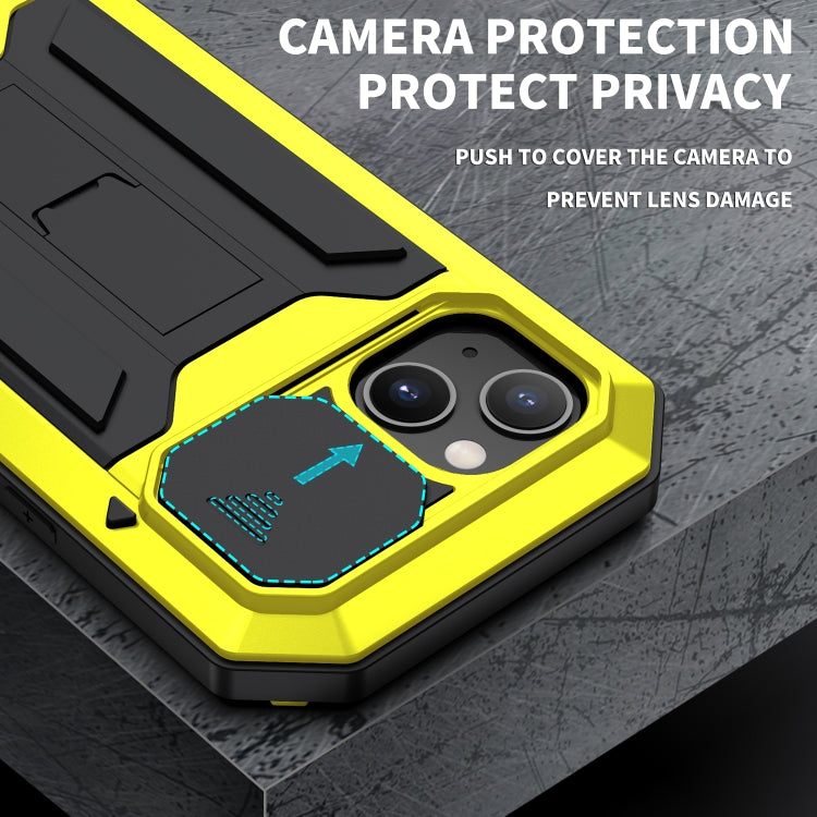 For iPhone 13 mini R-JUST Sliding Camera Shockproof Life Waterproof Dust-proof Metal + Silicone Protective Case with Holder (Yellow) - iPhone 13 mini Cases by R-JUST | Online Shopping South Africa | PMC Jewellery | Buy Now Pay Later Mobicred