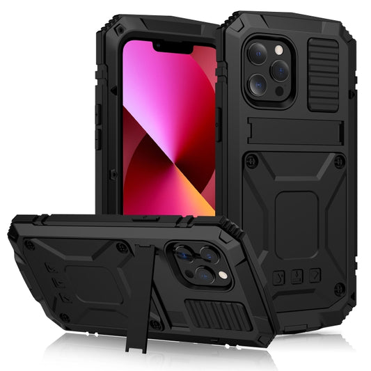 For iPhone 13 R-JUST Shockproof Waterproof Dust-proof Metal + Silicone Protective Case with Holder(Black) - iPhone 13 Cases by R-JUST | Online Shopping South Africa | PMC Jewellery | Buy Now Pay Later Mobicred