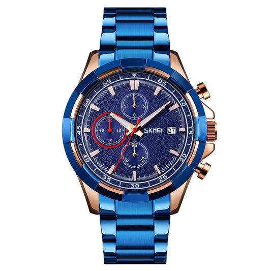 SKMEI 9192 Men Calendar Timing Stainless Steel Belt Luminous Quartz Watch(Blue) - Metal Strap Watches by SKMEI | Online Shopping South Africa | PMC Jewellery | Buy Now Pay Later Mobicred