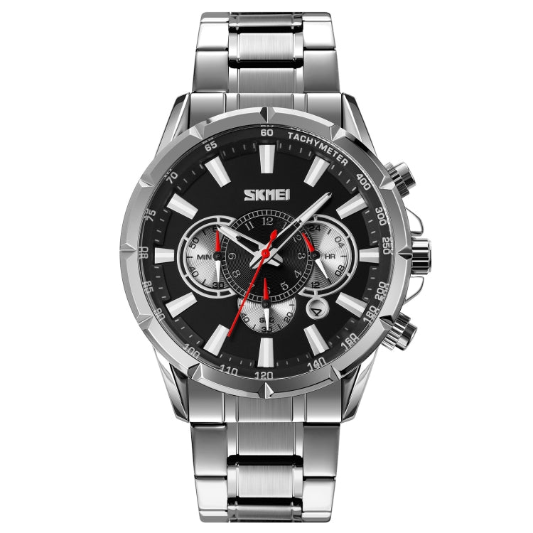 SKMEI 9241 Men Calendar Stopwatch Stainless Steel Strap Quartz Watch(Silver Black) - Metal Strap Watches by SKMEI | Online Shopping South Africa | PMC Jewellery | Buy Now Pay Later Mobicred