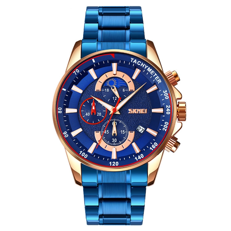 SKMEI 9250 Men Moonphase Stopwatch Date Six Pin Stainless Steel Strap Quartz Watch(Gold Blue) - Metal Strap Watches by SKMEI | Online Shopping South Africa | PMC Jewellery | Buy Now Pay Later Mobicred