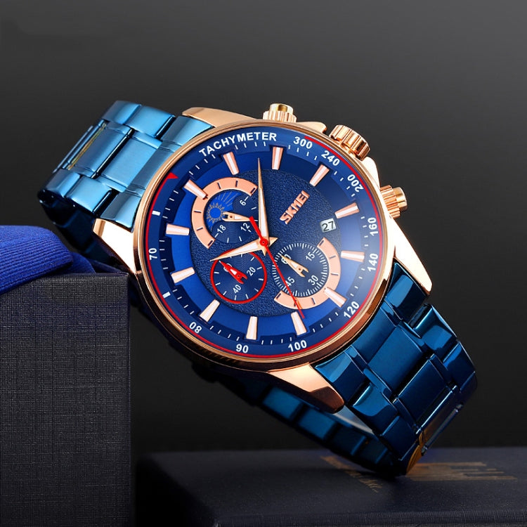 SKMEI 9250 Men Moonphase Stopwatch Date Six Pin Stainless Steel Strap Quartz Watch(Gold Blue) - Metal Strap Watches by SKMEI | Online Shopping South Africa | PMC Jewellery | Buy Now Pay Later Mobicred