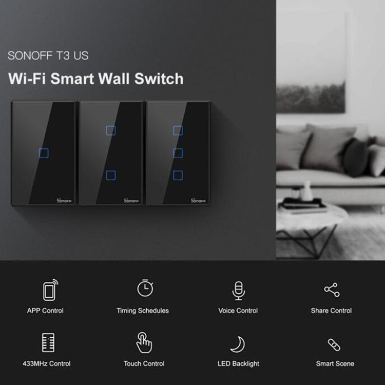 Sonoff T3 US-TX 433 RF WIFI Smart Remote Control Wall Touch Switch, US Plug, Style:Single Button - Smart Switch by Sonoff | Online Shopping South Africa | PMC Jewellery