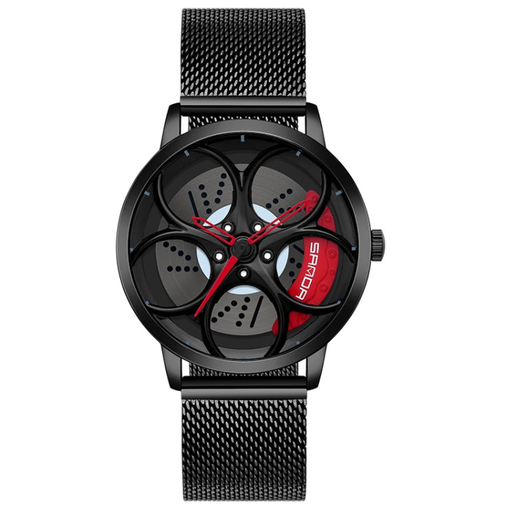 SANDA 1070 3D Oval Hollow Out Wheel Non-rotatable Dial Quartz Watch for Men, Style:Mesh Belt(Black Red) - Metal Strap Watches by SANDA | Online Shopping South Africa | PMC Jewellery | Buy Now Pay Later Mobicred