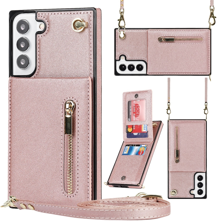 For Samsung Galaxy S22 5G Cross-body Square Zipper Card Holder Bag Phone Case(Rose Gold) - Galaxy S22 5G Cases by PMC Jewellery | Online Shopping South Africa | PMC Jewellery