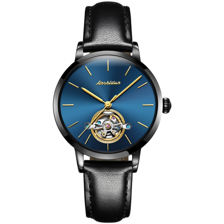 JIN SHI DUN 8812 Women Simple Hollowed Waterproof Automatic Mechanical Watch(Black Leather Strip Blue) - Leather Strap Watches by JIN SHI DUN | Online Shopping South Africa | PMC Jewellery | Buy Now Pay Later Mobicred