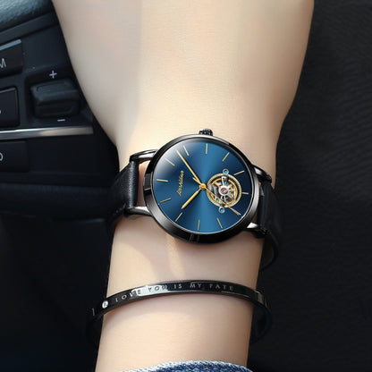 JIN SHI DUN 8812 Women Simple Hollowed Waterproof Automatic Mechanical Watch(Black Leather Strip Blue) - Leather Strap Watches by JIN SHI DUN | Online Shopping South Africa | PMC Jewellery | Buy Now Pay Later Mobicred