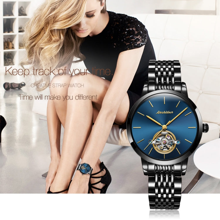 JIN SHI DUN 8812 Women Simple Hollowed Waterproof Automatic Mechanical Watch(Black Leather Strip Blue) - Leather Strap Watches by JIN SHI DUN | Online Shopping South Africa | PMC Jewellery | Buy Now Pay Later Mobicred