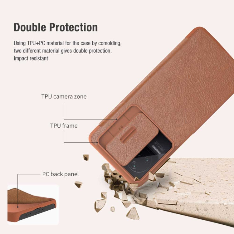 For Xiaomi Redmi K50 / K50 Pro NILLKIN QIN Series Pro Sliding Camera Cover Leather Phone Case(Brown) - Xiaomi Cases by NILLKIN | Online Shopping South Africa | PMC Jewellery | Buy Now Pay Later Mobicred