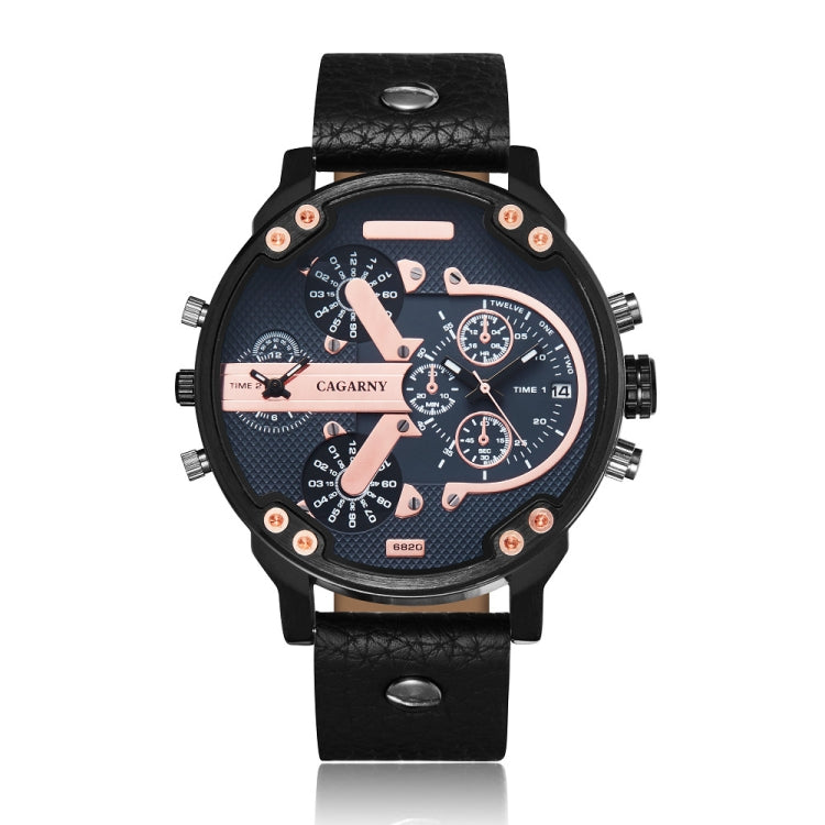 CAGARNY 6820 Round Large Dial Leather Band Quartz Dual Movement Watch For Men(Black Shell Black Between Rose Gold Black Band) - Leather Strap Watches by CAGARNY | Online Shopping South Africa | PMC Jewellery | Buy Now Pay Later Mobicred