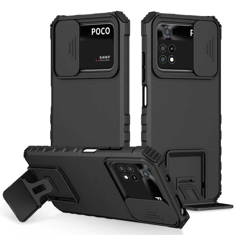 For Xiaomi Poco M4 Pro 4G Stereoscopic Holder Sliding Camshield Phone Case(Black) - free shipping - PMC TechLife - Order now!