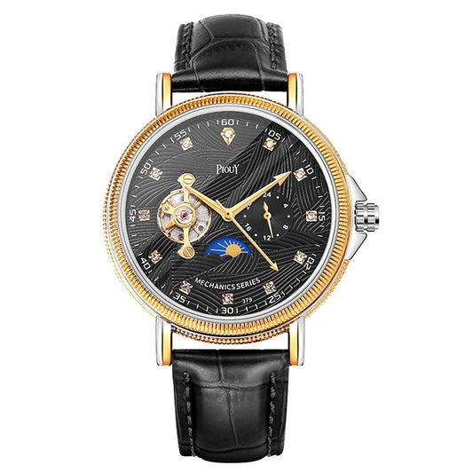 YAZOLE 379 Leather Band Large Dial Tourbillon Mechanical Watch(Black+Black) - Leather Strap Watches by YAZOLE | Online Shopping South Africa | PMC Jewellery | Buy Now Pay Later Mobicred