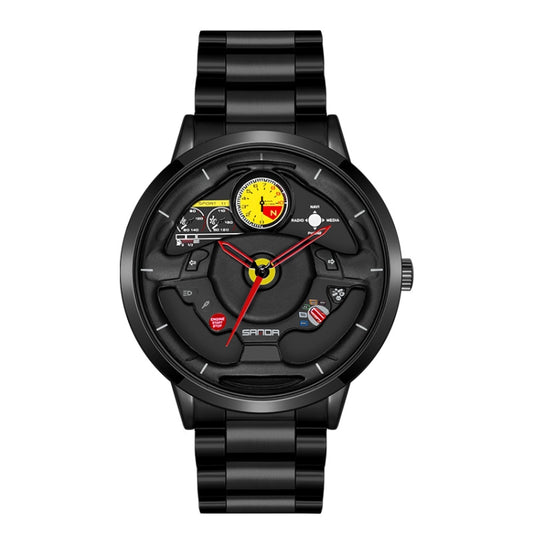 SANDA 1085 Steering Wheel Hollow Dial Waterproof Quartz Watch, Style:Steel Band(Black) - Metal Strap Watches by SANDA | Online Shopping South Africa | PMC Jewellery | Buy Now Pay Later Mobicred