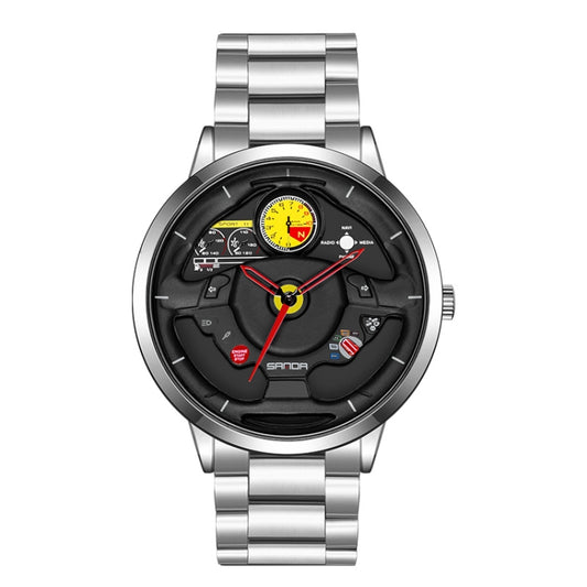 SANDA 1085 Steering Wheel Hollow Dial Waterproof Quartz Watch, Style:Steel Band(Silver) - Metal Strap Watches by SANDA | Online Shopping South Africa | PMC Jewellery | Buy Now Pay Later Mobicred