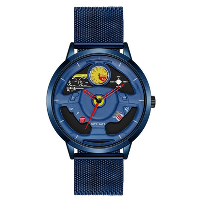 SANDA 1085 Steering Wheel Hollow Dial Waterproof Quartz Watch, Style:Mesh Band(Blue) - Metal Strap Watches by SANDA | Online Shopping South Africa | PMC Jewellery | Buy Now Pay Later Mobicred