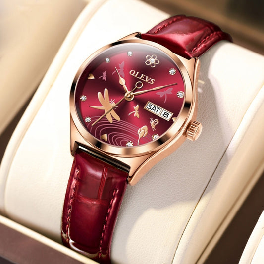 OLEVS 6611 Dragonfly Dual Calendar Mechanical Ladies Watch(Wine Red) - Leather Strap Watches by OLEVS | Online Shopping South Africa | PMC Jewellery | Buy Now Pay Later Mobicred