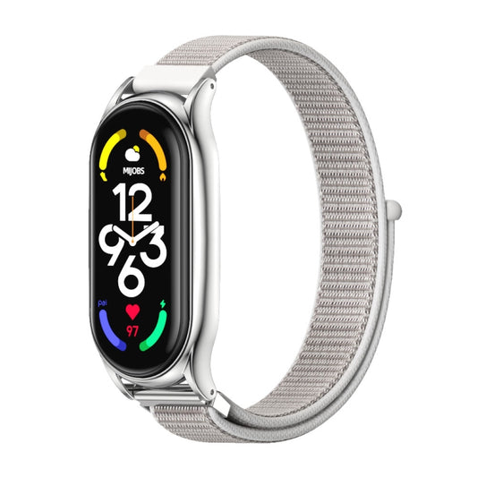 For Xiaomi Mi Band 7 / 7 NFC MIJOBS Plus Stainless Steel Case Nylon Watch Band(Sea Shell Silver) - Watch Bands by MIJOBS | Online Shopping South Africa | PMC Jewellery | Buy Now Pay Later Mobicred