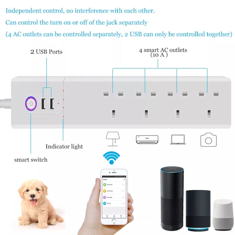 WiFi 10A SM-SO306-K 4 Holes + 2 USB Multi-purpose Smart Power Strip, UK Plug - Smart Socket by PMC TechLife | Online Shopping South Africa | PMC TechLife