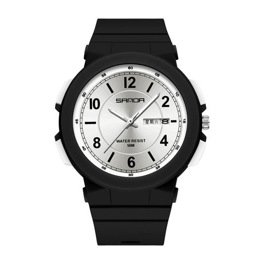 SANDA 6097 TPU Strap Dual Calendar Waterproof Electronic Watch(Black White) - Silicone Strap Watches by SANDA | Online Shopping South Africa | PMC Jewellery | Buy Now Pay Later Mobicred