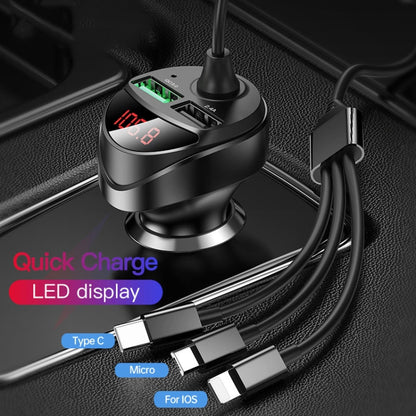 C68 LED Digital Display QC3.0 Fast Car Charger 3 in 1 with Spring Cable(Black) - Car Charger by PMC Jewellery | Online Shopping South Africa | PMC Jewellery