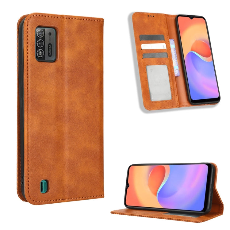 For ZTE Blade A52 Lite Magnetic Buckle Retro Texture Leather Phone Case(Brown) - ZTE Cases by PMC Jewellery | Online Shopping South Africa | PMC Jewellery