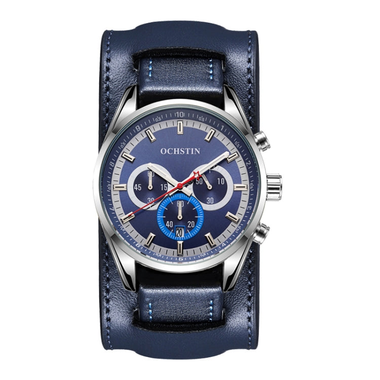 Ochstin 7229 Multifunctional Business Leather Wrist Wrist Waterproof Luminous Quartz Watch(Silver+Blue) - Leather Strap Watches by OCHSTIN | Online Shopping South Africa | PMC Jewellery | Buy Now Pay Later Mobicred