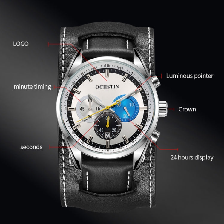 Ochstin 7229 Multifunctional Business Leather Wrist Wrist Waterproof Luminous Quartz Watch(Silver+Blue) - Leather Strap Watches by OCHSTIN | Online Shopping South Africa | PMC Jewellery | Buy Now Pay Later Mobicred