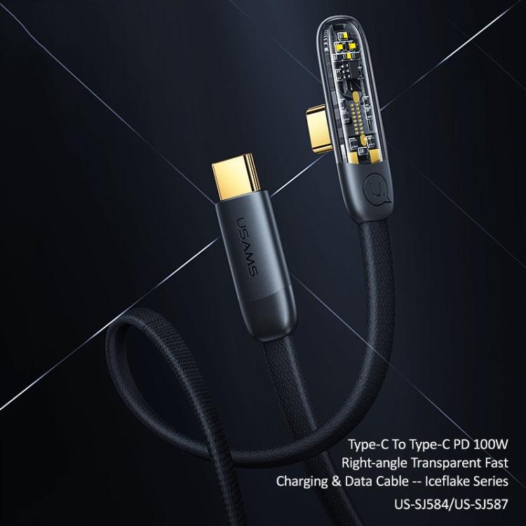 USAMS US-SJ587 PD 100W Iceflake Series Type-C to Type-C Right Angle Transparent Fast Charge Data Cable, Cable Length:2m(Black) - USB-C & Type-C Cable by USAMS | Online Shopping South Africa | PMC Jewellery