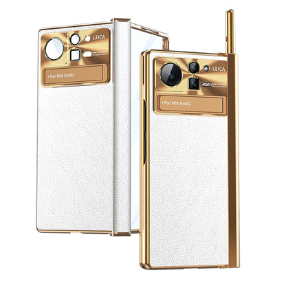 For Xiaomi Mix Fold 2 Plain Leather Double Hinged Folding Phone Case with Stylus(Gold+Silver) - Xiaomi Cases by PMC Jewellery | Online Shopping South Africa | PMC Jewellery