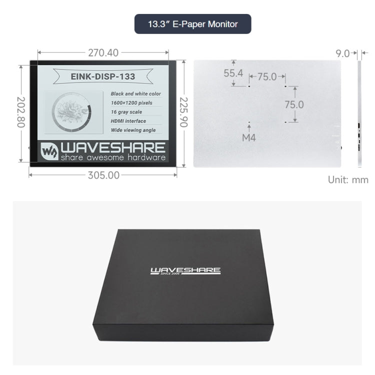 Waveshare 13.3 inch E-Paper Monitor External E-Paper Screen for MAC / Windows PC(EU Plug) - Mini PC Accessories by WAVESHARE | Online Shopping South Africa | PMC Jewellery | Buy Now Pay Later Mobicred