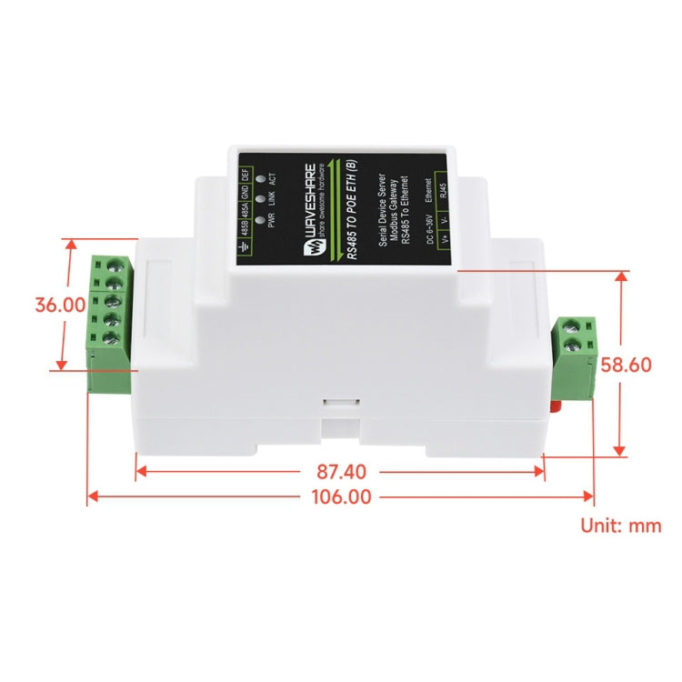 Waveshare Din Rail RS485 to RJ45 Serial Server with POE Function - free shipping - PMC TechLife - Order now!