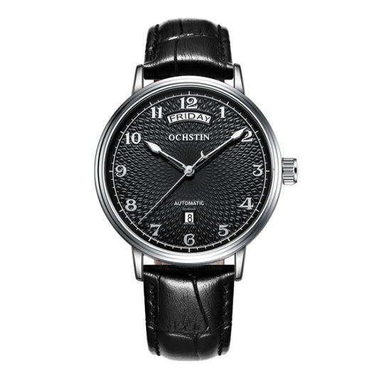 OCHSTIN 6141A Masterpiece Day-date Mechanical Men Watch(Silver-Black) - Leather Strap Watches by OCHSTIN | Online Shopping South Africa | PMC Jewellery | Buy Now Pay Later Mobicred