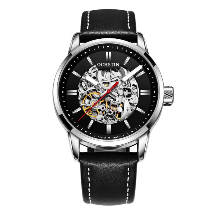 OCHSTIN 62001B Master Series Hollow Mechanical Men Watch(Silver-Black) - Leather Strap Watches by OCHSTIN | Online Shopping South Africa | PMC Jewellery | Buy Now Pay Later Mobicred