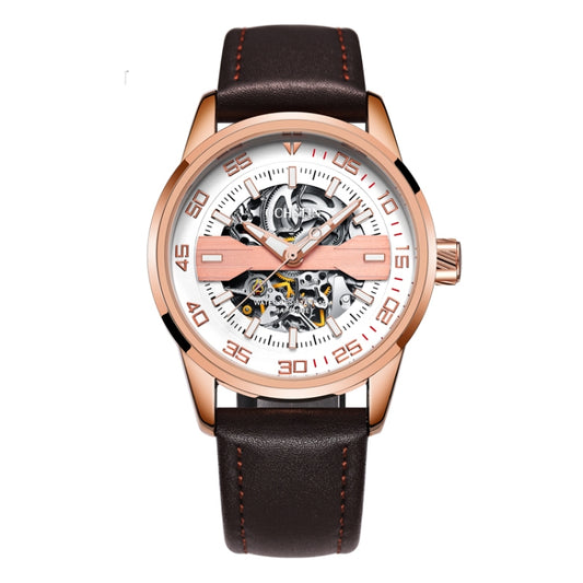 OCHSTIN 62002A Master Series Hollow Mechanical Men Watch(Rose Gold-White) - Leather Strap Watches by OCHSTIN | Online Shopping South Africa | PMC Jewellery | Buy Now Pay Later Mobicred