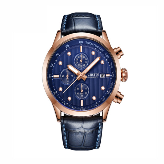 Ochstin 6042B Multifunctional Business Leather Waterproof Luminous Quartz Men Watch(Rose Gold+Blue) - Leather Strap Watches by OCHSTIN | Online Shopping South Africa | PMC Jewellery | Buy Now Pay Later Mobicred