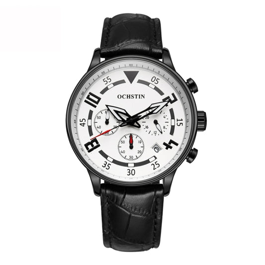 Ochstin 6050B Multifunctional Quartz Men Leather Watch(Black+White+Black) - Leather Strap Watches by OCHSTIN | Online Shopping South Africa | PMC Jewellery | Buy Now Pay Later Mobicred