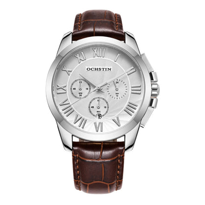 OCHSTIN 6059B Augustine Celebrity Series Multifunctional Quartz Waterproof Men Watch(Silver+Coffee) - Leather Strap Watches by OCHSTIN | Online Shopping South Africa | PMC Jewellery | Buy Now Pay Later Mobicred