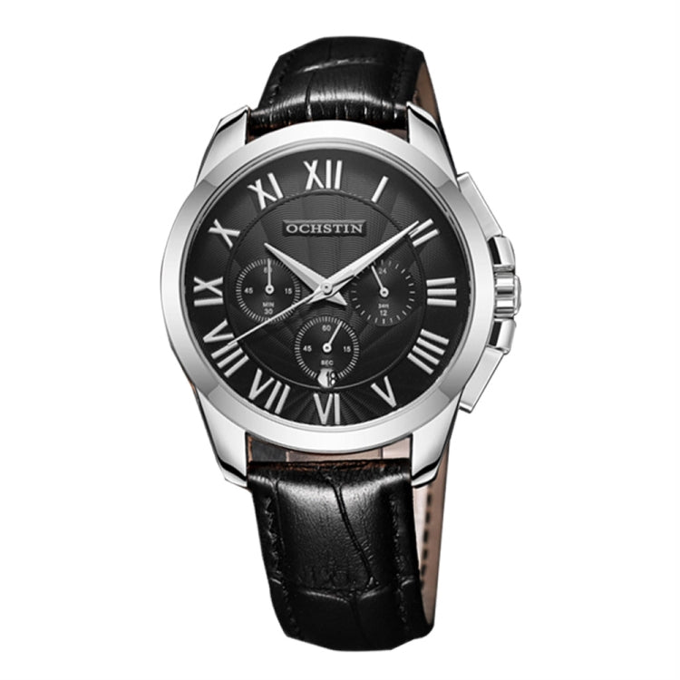 OCHSTIN 6059B Augustine Celebrity Series Multifunctional Quartz Waterproof Men Watch(Silver+Black) - Leather Strap Watches by OCHSTIN | Online Shopping South Africa | PMC Jewellery | Buy Now Pay Later Mobicred