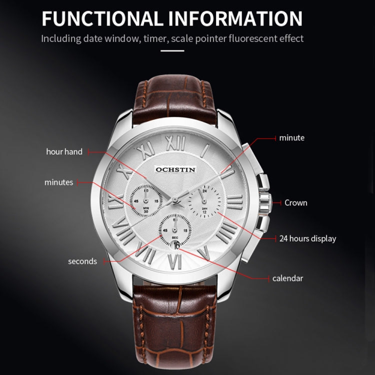 OCHSTIN 6059B Augustine Celebrity Series Multifunctional Quartz Waterproof Men Watch(Silver+Coffee) - Leather Strap Watches by OCHSTIN | Online Shopping South Africa | PMC Jewellery | Buy Now Pay Later Mobicred