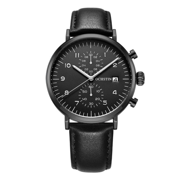 OCHSTIN 6076C Multifunctional Quartz Waterproof Men Leather Watch(Black+Black) - Leather Strap Watches by OCHSTIN | Online Shopping South Africa | PMC Jewellery | Buy Now Pay Later Mobicred