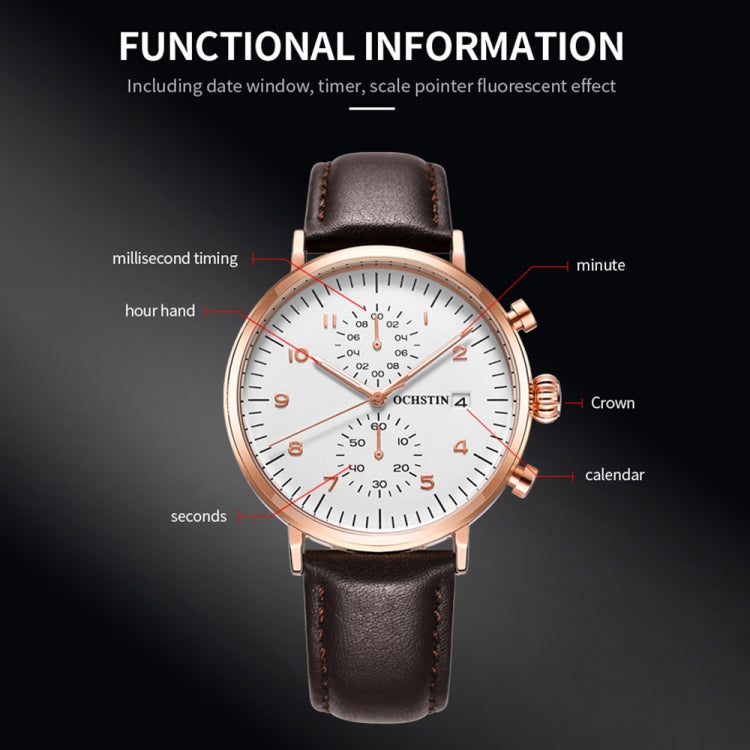 OCHSTIN 6076C Multifunctional Quartz Waterproof Men Leather Watch(Rose Gold+Coffee) - Leather Strap Watches by OCHSTIN | Online Shopping South Africa | PMC Jewellery | Buy Now Pay Later Mobicred