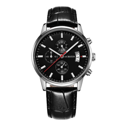 OCHSTIN 6084C Multifunctional Quartz Waterproof Luminous Men Leather Watch(Silver+Black) - Leather Strap Watches by OCHSTIN | Online Shopping South Africa | PMC Jewellery | Buy Now Pay Later Mobicred