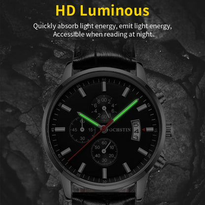 OCHSTIN 6084C Multifunctional Quartz Waterproof Luminous Men Leather Watch(Silver+Black) - Leather Strap Watches by OCHSTIN | Online Shopping South Africa | PMC Jewellery | Buy Now Pay Later Mobicred