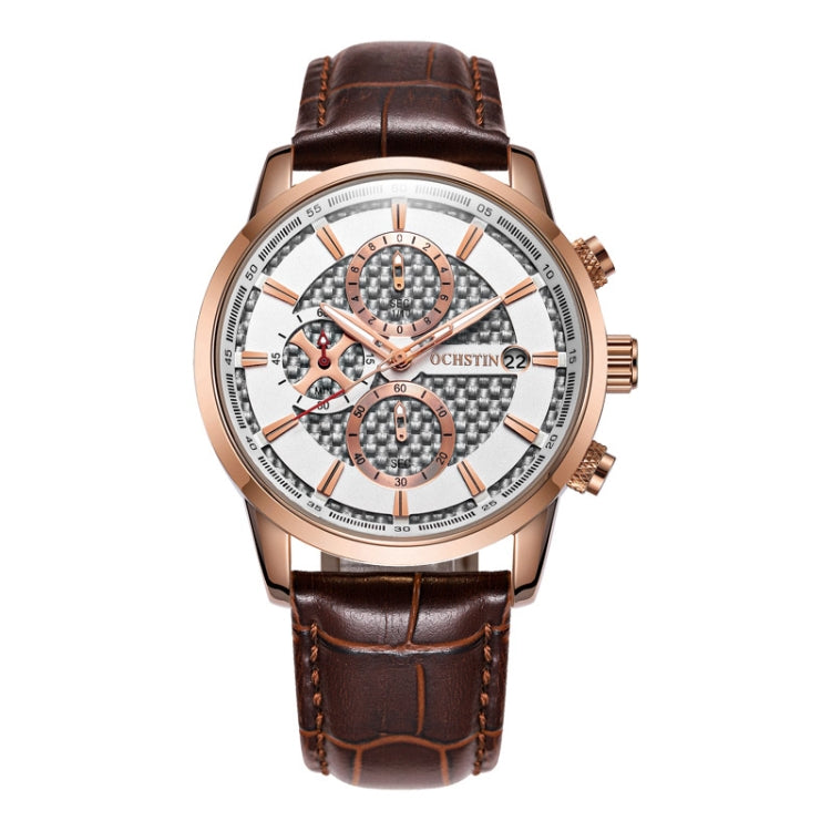 OCHSTIN 6085B Multifunctional Quartz Waterproof Men Leather Watch(Rose gold+Coffee) - Leather Strap Watches by OCHSTIN | Online Shopping South Africa | PMC Jewellery | Buy Now Pay Later Mobicred