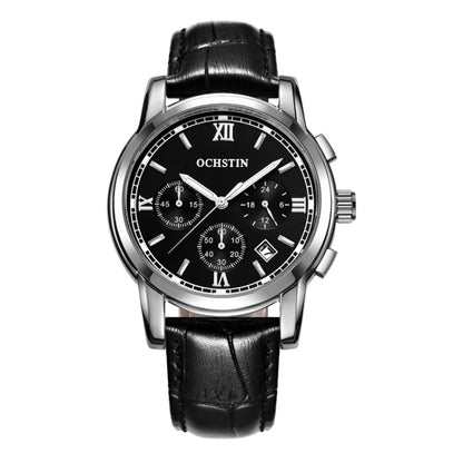 OCHSTIN 6097B Multifunctional Quartz Waterproof Luminous Men Leather Watch(Silver+Black) - Leather Strap Watches by OCHSTIN | Online Shopping South Africa | PMC Jewellery | Buy Now Pay Later Mobicred